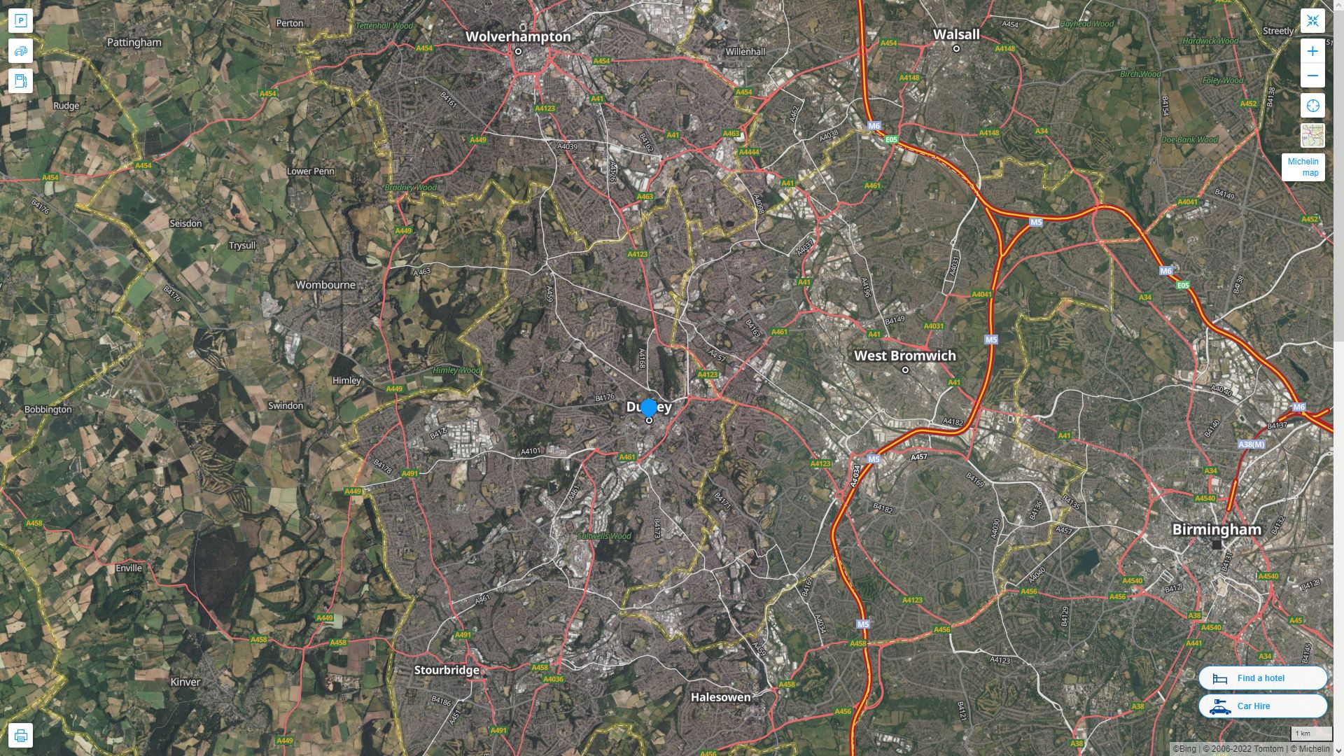 Dudley Royaume Uni Autoroute et carte routiere avec vue satellite
